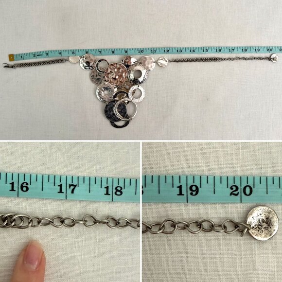 Chicos Hammered Disc Bib Necklace 17 to 20in Silver Tone Statement Chain - Picture 6 of 15